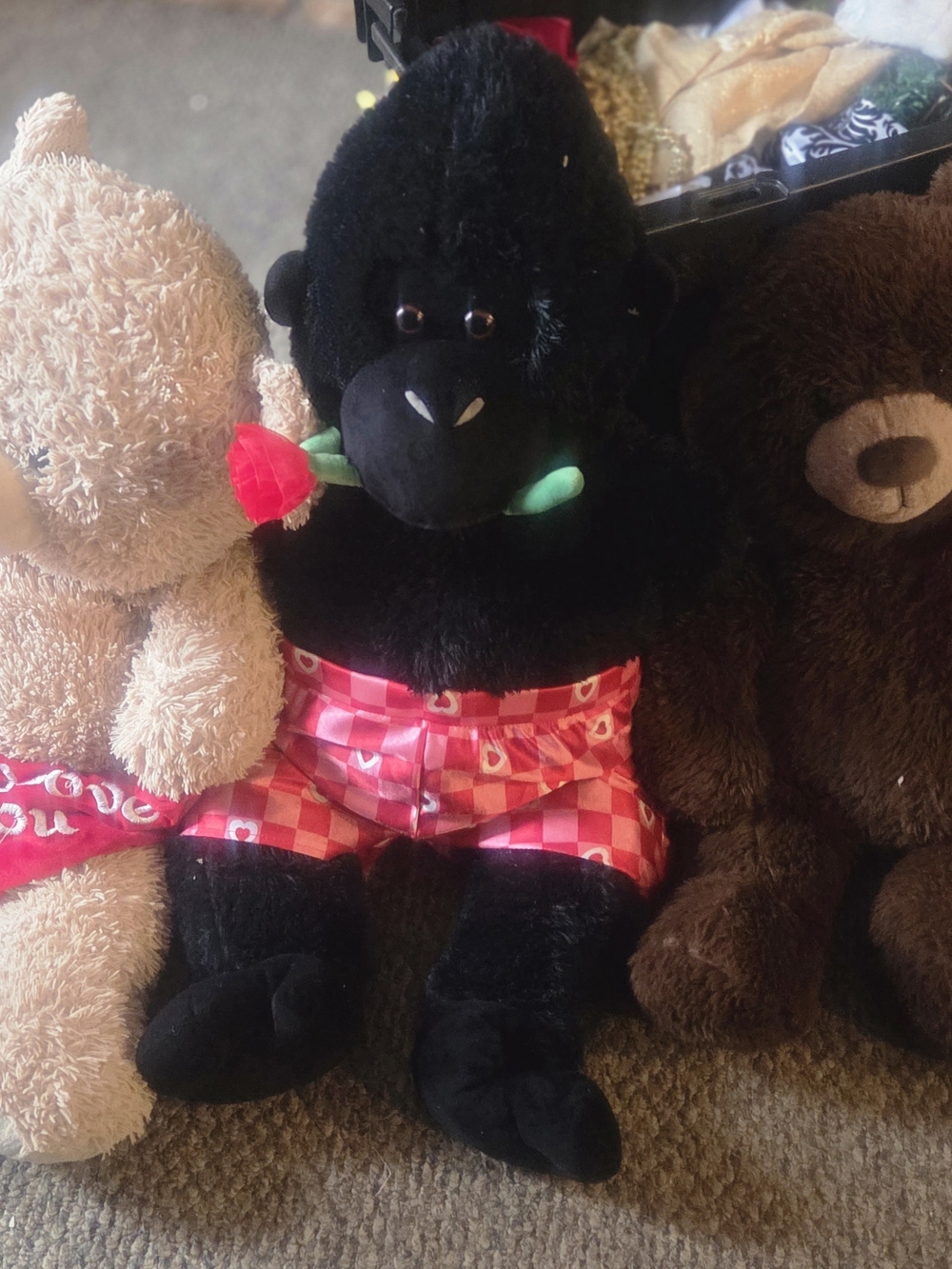 Plush Black Gorilla Toy with Red Rose and Heart Shorts - Kids Toy